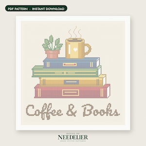 May include: A cross-stitch pattern featuring a stack of four books in blue, green, yellow, and pink. Atop the books sits a potted green plant and a yellow mug with a white heart. The text Coffee & Books is stitched in brown below the stack.