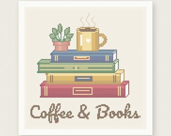 May include: A cross-stitch pattern featuring a stack of four books in blue, green, yellow, and pink. Atop the books sits a potted green plant and a yellow mug with a white heart. The text Coffee & Books is stitched in brown below the stack.