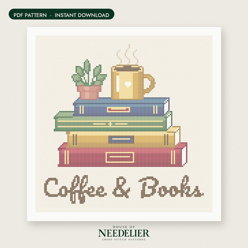 May include: A cross-stitch pattern featuring a stack of four books in blue, green, yellow, and pink. Atop the books sits a potted green plant and a yellow mug with a white heart. The text Coffee & Books is stitched in brown below the stack.