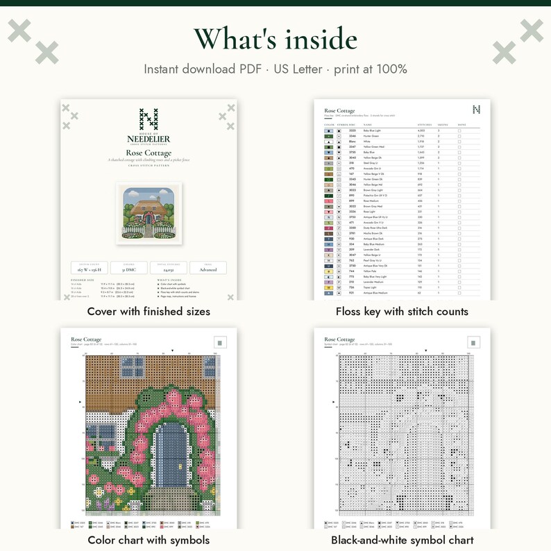 Puede incluir: Un patr&oacute;n de punto de cruz digital titulado Rose Cottage, que incluye una portada con tama&ntilde;os terminados, una clave de hilos con recuento de puntadas, una tabla de colores con s&iacute;mbolos y una tabla de s&iacute;mbolos en blanco y negro. El texto dice What's inside, Instant download PDF, US Letter, print at 100%.