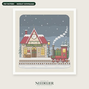 May include: A cross-stitch pattern featuring a winter train station labeled HOLLYBROOK with a red-roofed building, a clock, and a steam locomotive on tracks. The scene includes snow, pine trees, and a night sky with stars. Text reads PDF PATTERN.