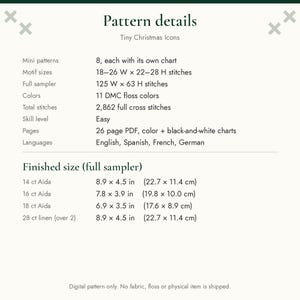 May include: A digital cross stitch pattern titled Pattern details Tiny Christmas Icons. It lists 8 mini patterns, 11 DMC floss colours, 2,862 stitches, and a 26-page PDF. Finished sizes for 14, 16, 18 ct Aida and 28 ct linen are provided in cm.