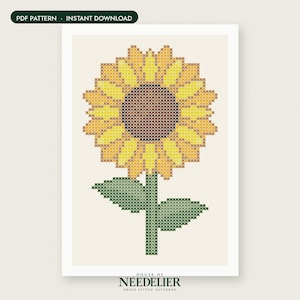 May include: A cross stitch pattern featuring a sunflower with a brown center and yellow petals, accompanied by a green stem and two leaves. The design is set against a light cream grid background. Text at the top reads PDF PATTERN - INSTANT DOWNLOAD.
