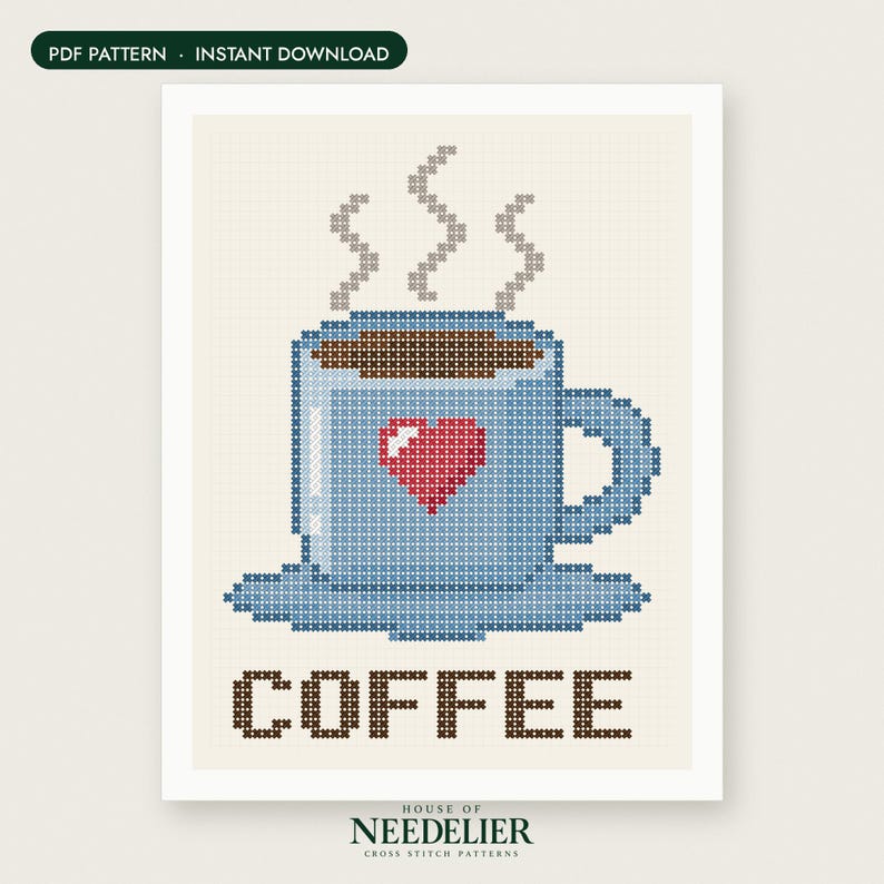 May include: A cross-stitch pattern featuring a light blue coffee mug with a red heart, brown coffee, and grey steam. The word COFFEE is stitched in brown below the mug. The design is set against a cream-colored grid background with a white border.