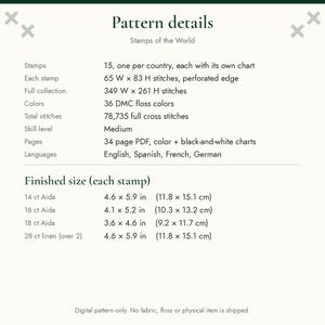 May include: A digital cross stitch pattern titled Stamps of the World. Details include 15 stamps, 36 DMC floss colors, 78,735 total stitches, and a 34-page PDF. Finished sizes for 14, 16, 18 count Aida and 28 count linen are listed in inches.