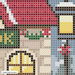 May include: A cross-stitch pattern featuring a building with a red roof, a yellow window, and a green accent. The design includes a street lamp with a yellow light and a red flower detail. The text Digital stitch preview is visible at the bottom.