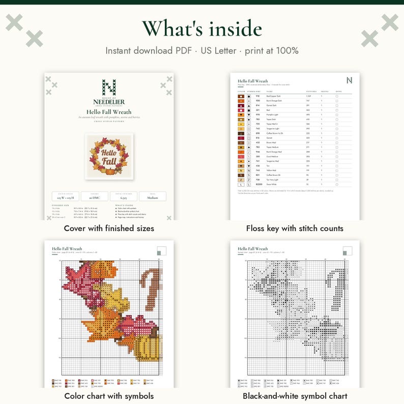 May include: A digital cross-stitch pattern titled Hello Fall Wreath, featuring a cover page with finished sizes, a floss key with stitch counts, a color chart with symbols, and a black-and-white symbol chart for an autumn leaf wreath design.