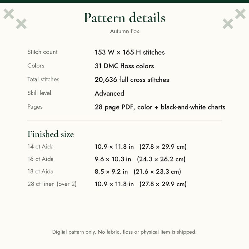 May include: A digital cross stitch pattern titled Autumn Fox. Details include 153 W x 165 H stitches, 31 DMC floss colours, 20,636 full cross stitches, advanced skill level, and a 28-page PDF. Finished sizes range from 21.6 x 23.3 cm to 27.8 x 29.9 cm.