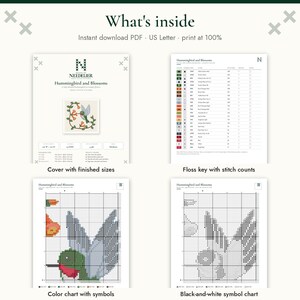 May include: A digital cross-stitch pattern titled Hummingbird and Blossoms. The document includes a cover page with a finished design, a floss key with stitch counts, a color chart with symbols, and a black-and-white symbol chart.