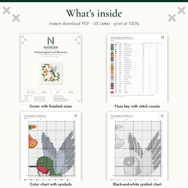 May include: A digital cross-stitch pattern titled Hummingbird and Blossoms. The document includes a cover page with a finished design, a floss key with stitch counts, a color chart with symbols, and a black-and-white symbol chart.