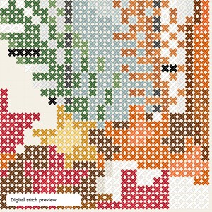 May include: A cross-stitch pattern featuring a grid of X-shaped stitches in various colours including green, light blue, orange, brown, red, yellow, and white. The design includes a small white rectangular label with the text Digital stitch preview.