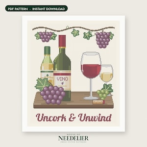 Puede incluir: Un patrón de punto de cruz con una botella de vino etiquetada como VINO, una botella de vino blanco, dos copas de vino, uvas moradas y verdes, y un corcho sobre una superficie de madera. El texto Uncork & Unwind aparece en rojo oscuro sobre crema.