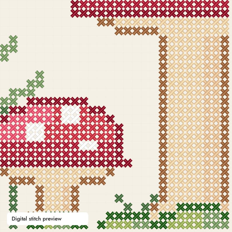 May include: A cross-stitch pattern featuring a red mushroom with white spots and a tall beige stalk. The design includes green foliage at the base and a partial red mushroom cap at the top. The text Digital stitch preview is visible.