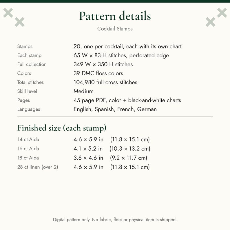 May include: A digital cross-stitch pattern document titled Pattern details Cocktail Stamps. It lists 20 designs, 39 DMC floss colours, 104,980 total stitches, and finished sizes for 14, 16, 18 count Aida and 28 count linen in inches.