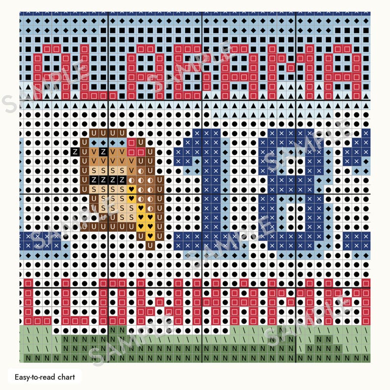 May include: A cross-stitch pattern chart featuring a grid with symbols and letters. The text ALABAMA appears in red, followed by a brown animal graphic, the blue number 18, and the text LLOWHAMA in red over a green base.