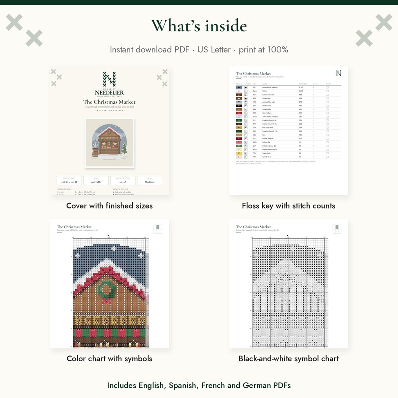 Pu&ograve; includere: Uno schema digitale a punto croce intitolato The Christmas Market, composto da quattro pagine: una copertina con l'anteprima del disegno finito, una legenda dei filati con il conteggio dei punti, una tabella a colori e una tabella in bianco e nero.