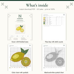 May include: A digital cross stitch pattern titled Fresh Lemons, featuring a cover page with finished sizes, a floss key with stitch counts, a color chart with symbols, and a black-and-white symbol chart. The text reads What's inside.