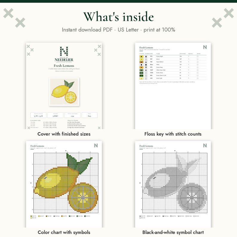 May include: A digital cross stitch pattern titled Fresh Lemons, featuring a cover page with finished sizes, a floss key with stitch counts, a color chart with symbols, and a black-and-white symbol chart. The text reads What's inside.