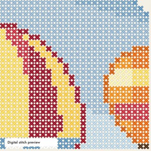 May include: A cross-stitch pattern featuring a large yellow and dark red curved shape on the left and a smaller orange, yellow, and red circular motif on the right, set against a light blue grid background with the text Digital stitch preview.