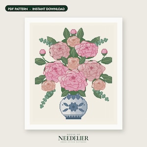 May include: A cross stitch pattern featuring a bouquet of pink and peach roses with green leaves in a blue and white patterned vase. The design includes the text PDF PATTERN - INSTANT DOWNLOAD at the top and HOUSE OF NEEDELIER at the bottom.