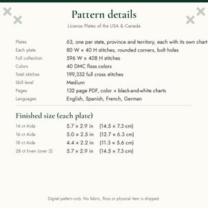 May include: A digital cross-stitch pattern document titled Pattern details License Plates of the USA & Canada. It lists 63 plates, 40 DMC floss colors, 199,332 total stitches, and finished sizes for 14, 16, 18 ct Aida and 28 ct linen.