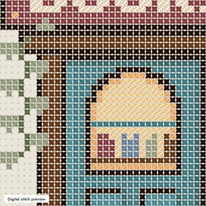 May include: A cross-stitch pattern featuring a grid design with a central archway in yellow, blue, and brown. The border consists of black, brown, and maroon geometric lines, with a light green and white floral-like motif on the left side.