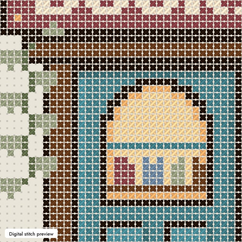 May include: A cross-stitch pattern featuring a grid design with a central archway in yellow, blue, and brown. The border consists of black, brown, and maroon geometric lines, with a light green and white floral-like motif on the left side.