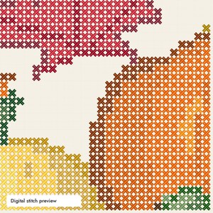 May include: A digital cross stitch pattern preview featuring a grid of X-shaped stitches in shades of red, orange, yellow, and green. The design displays partial shapes with distinct color blocks on a light cream background with the text Digital stitch preview.