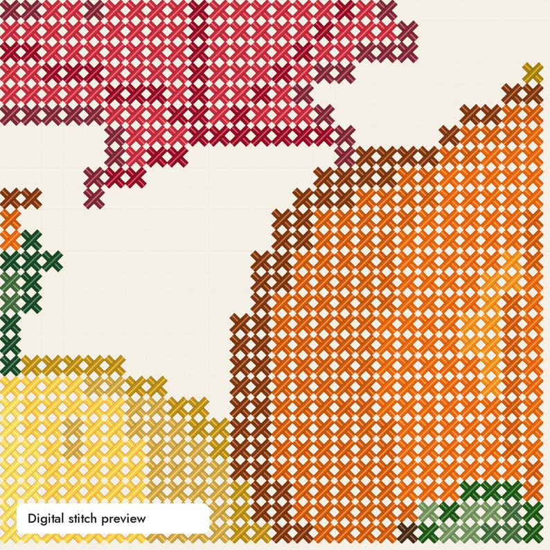 May include: A digital cross stitch pattern preview featuring a grid of X-shaped stitches in shades of red, orange, yellow, and green. The design displays partial shapes with distinct color blocks on a light cream background with the text Digital stitch preview.