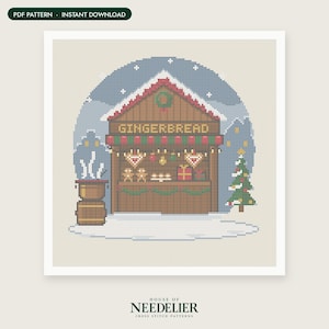 May include: A cross stitch pattern featuring a brown gingerbread stall with the text GINGERBREAD above a counter displaying cookies and gifts. A green Christmas tree stands to the right, and a brown stove with white steam sits to the left.