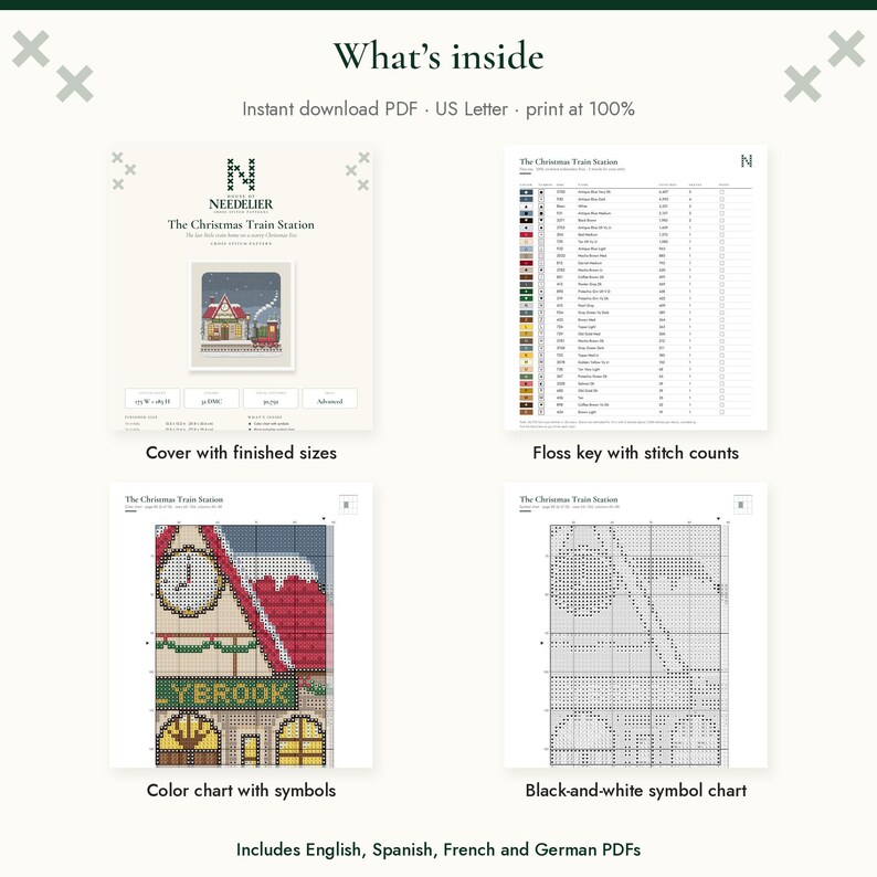 May include: A digital cross-stitch pattern titled The Christmas Train Station. The document includes a cover page with finished sizes, a floss key with stitch counts, a color chart with symbols, and a black-and-white symbol chart for printing.