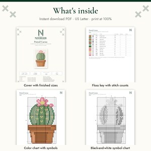 Może przedstawiać: Cyfrowy wz&oacute;r do haftu krzyżykowego zatytułowany Potted Cactus, zawierający plik PDF do natychmiastowego pobrania na papierze US Letter. Zawiera stronę tytułową z wymiarami, klucz nici z liczbą ścieg&oacute;w, tabelę kolor&oacute;w oraz tabelę symboli czarno-białych.