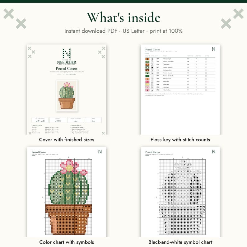 Może przedstawiać: Cyfrowy wz&oacute;r do haftu krzyżykowego zatytułowany Potted Cactus, zawierający plik PDF do natychmiastowego pobrania na papierze US Letter. Zawiera stronę tytułową z wymiarami, klucz nici z liczbą ścieg&oacute;w, tabelę kolor&oacute;w oraz tabelę symboli czarno-białych.