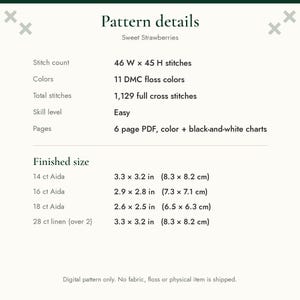 May include: A digital cross stitch pattern titled Sweet Strawberries. Details include 46 W x 45 H stitches, 11 DMC floss colors, 1,129 full cross stitches, and a 6 page PDF. Finished sizes for 14, 16, 18 ct Aida and 28 ct linen are listed.