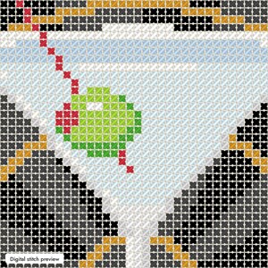 May include: A cross-stitch pattern featuring a martini glass filled with a light blue liquid and a green olive on a red toothpick. The background consists of black and gold geometric shapes. The text Digital stitch preview is visible.