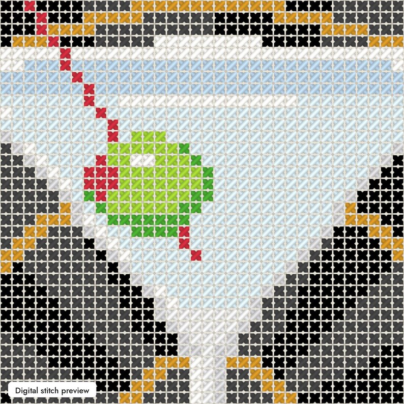 May include: A cross-stitch pattern featuring a martini glass filled with a light blue liquid and a green olive on a red toothpick. The background consists of black and gold geometric shapes. The text Digital stitch preview is visible.