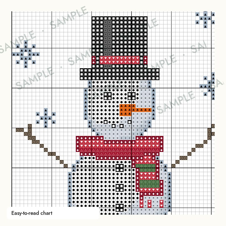May include: A cross-stitch pattern chart featuring a snowman wearing a black top hat with a red band and a red and green scarf. The design includes brown stick arms and blue snowflakes on a grid background with the text Easy-to-read chart.