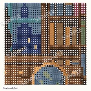 May include: A cross-stitch pattern chart featuring a grid of symbols and colors. The design includes blue sections with star and letter icons, brown areas with plus and triangle symbols, and a circular motif with letter P markers on a white background.