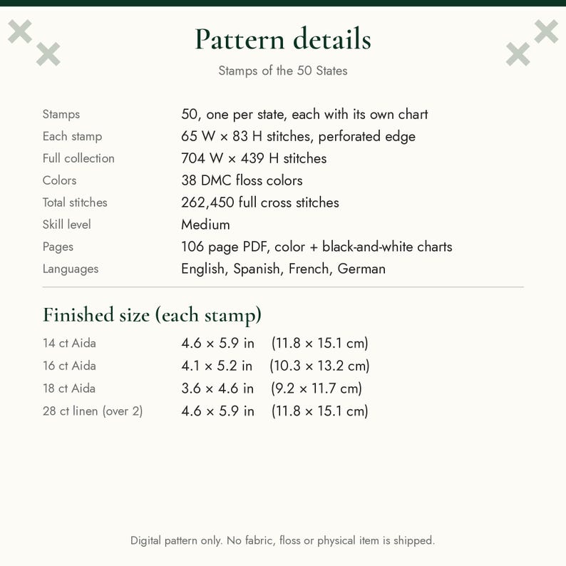 May include: A digital cross-stitch pattern document titled Pattern details Stamps of the 50 States. It lists 50 stamps, 38 DMC floss colors, 262,450 stitches, and finished sizes for 14, 16, 18 count Aida and 28 count linen in inches.