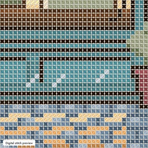 May include: A digital cross stitch pattern preview featuring a grid of colored squares. The design includes horizontal bands of brown, teal, and black, with a textured lower section composed of mottled blue, yellow, and orange pixelated squares.