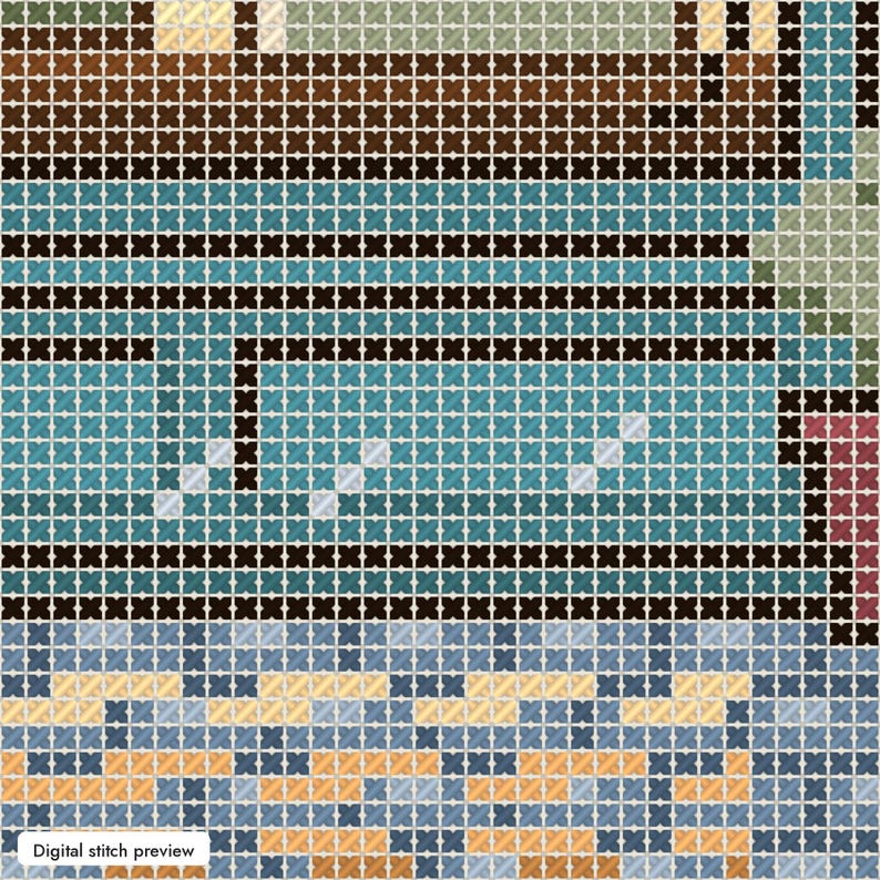 May include: A digital cross stitch pattern preview featuring a grid of colored squares. The design includes horizontal bands of brown, teal, and black, with a textured lower section composed of mottled blue, yellow, and orange pixelated squares.
