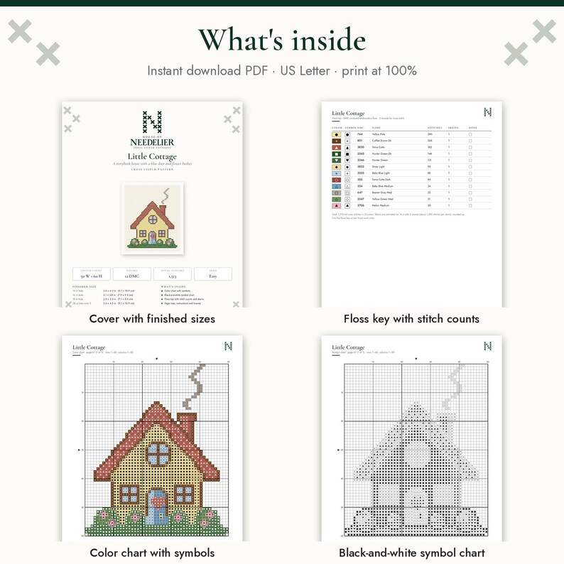 May include: A digital cross stitch pattern titled Little Cottage, featuring a cover page with finished sizes, a floss key with stitch counts, a color chart with symbols, and a black-and-white symbol chart. The design shows a yellow house with a red roof.