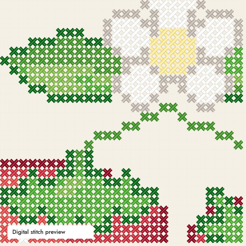 May include: A cross-stitch pattern featuring a white flower with a yellow center and a green leaf, connected by a green stem to a base of red and green stitches. The image includes the text Digital stitch preview in the bottom left corner.