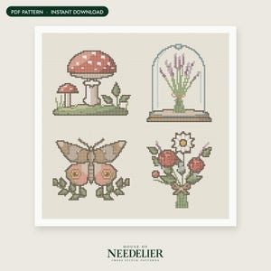 May include: A cross stitch pattern featuring four distinct designs: two red and white mushrooms on a green patch, a bouquet of lavender under a glass cloche, a brown and pink moth, and a floral arrangement with red berries and a white daisy.