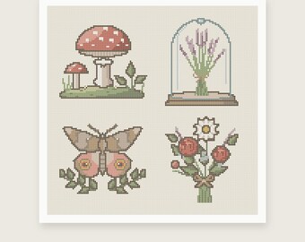 May include: A cross stitch pattern featuring four distinct designs: two red and white mushrooms on a green patch, a bouquet of lavender under a glass cloche, a brown and pink moth, and a floral arrangement with red berries and a white daisy.