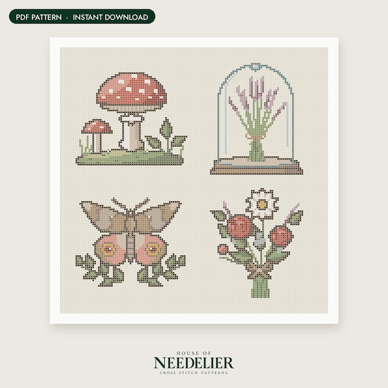 May include: A cross stitch pattern featuring four distinct designs: two red and white mushrooms on a green patch, a bouquet of lavender under a glass cloche, a brown and pink moth, and a floral arrangement with red berries and a white daisy.