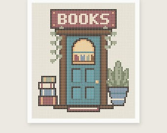 May include: A cross stitch pattern featuring a blue door with a sign reading BOOKS above it. The design includes a stack of books on the left, a potted plant on the right, and climbing vines. The pattern is set against a light cream background.