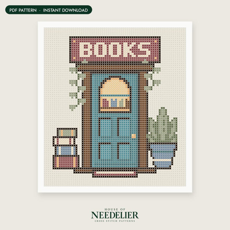 May include: A cross stitch pattern featuring a blue door with a sign reading BOOKS above it. The design includes a stack of books on the left, a potted plant on the right, and climbing vines. The pattern is set against a light cream background.