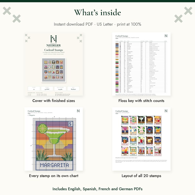 May include: A digital cross-stitch pattern collection titled Cocktail Stamps by Needelier. The PDF includes a cover page, a floss key with stitch counts, individual charts for 20 cocktail designs, and a full layout page in English, Spanish, French, and German.