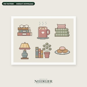 May include: A cross stitch pattern featuring pixelated illustrations of a stack of books with glasses, a pink mug with a heart, a stack of green books, a table lamp, a potted plant, and a plate of cookies, labeled PDF PATTERN INSTANT DOWNLOAD.